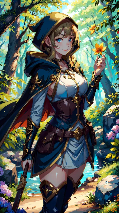 1girl,hood,ranger,armor,gorgeous,ornate,cape,, beautiful,looking at viewer,forest,perfect lighting,flower,smile (masterpiece, high quality:1.2), <lyco:NonHentaiElf_v10:0.9>