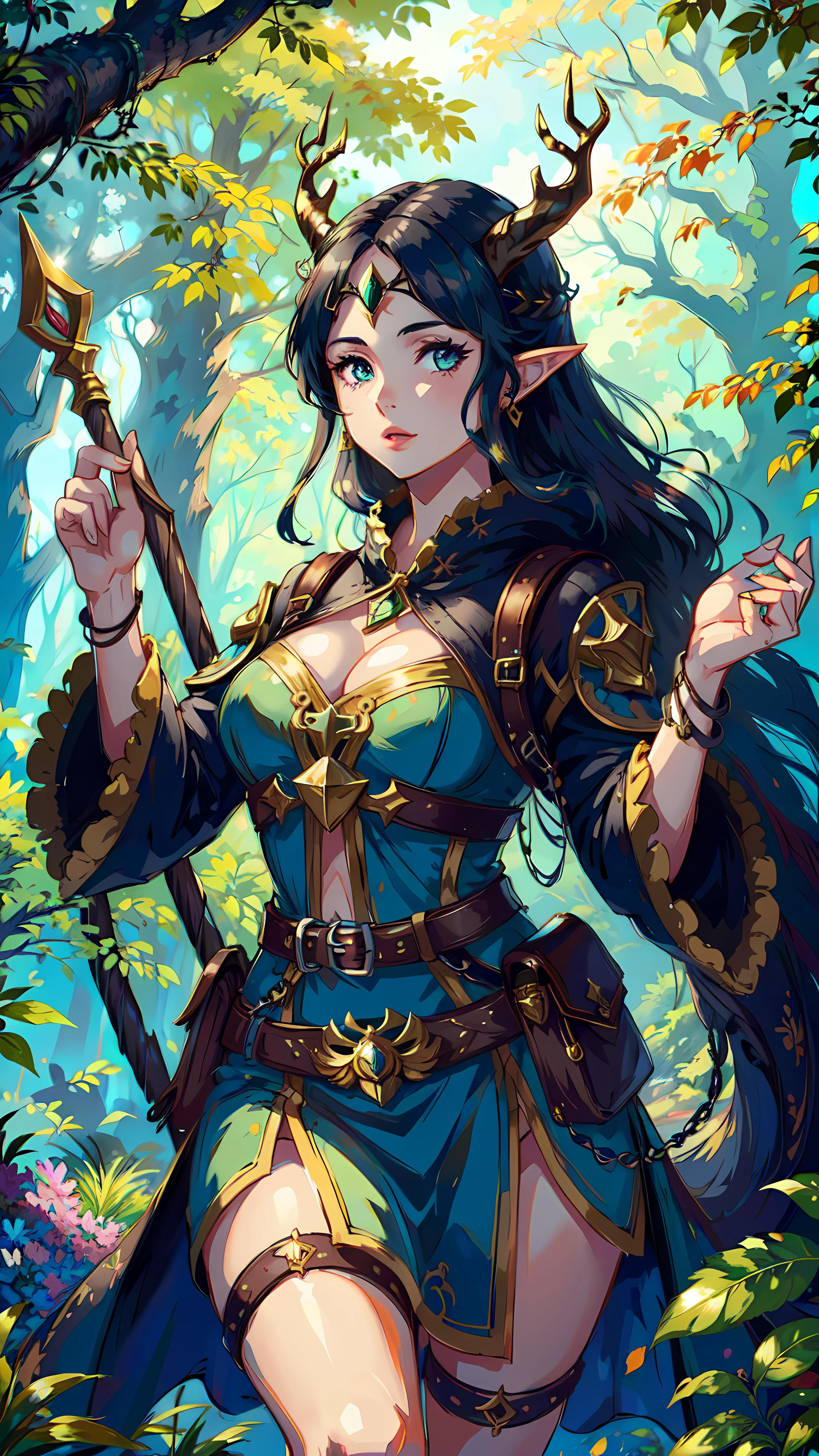 1girl,druid,leaf clothing,(wood staff),(energy flow:1.2),horns,gorgeous,ornate, beautiful,looking at viewer,forest,perfect lighting,circlet (masterpiece, high quality:1.2), <lyco:NonHentaiElf_v10:0.9>