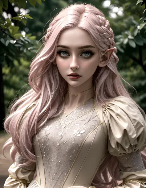 woman, high elf, [light dusty pink hair], long hair, grey eyes, sharp pointed elegant facial features, short small elf ears, wearing a ballgown, medieval dress, long sleeves, elegant, lady, mage, royalty, modest dress, jewelry,
fantasy medieval setting, high fantasy, 
(masterpiece:1.2) (best quality:1.2) (detailed) (intricate) (8k) (HDR) (cinematic lighting) (sharp focus) (full body). 
 <lora:NonHentaiElf_v10:0.6>   <lora:eGirlMakeup-10:0.8> EGirlMakeup,   <lora:sharp_eyes:0.6> sharp_eyes,    <lora:MedievalFashion:0.6> medfa,