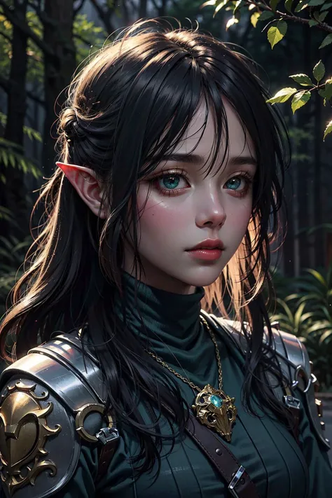 (masterpiece), best quality, ultra high res, close up, slim body, 1girl,long hair, looking at viewer, (elf ranger, green cloth armor with golden details and dark brown leather straps,gorgeous,ornate,cape), (mountain forest), (wilderness), photon mapping, radiosity, physically-based rendering, cinematic lighting, intricate, High Detail, Sharp focus, dramatic, photorealistic