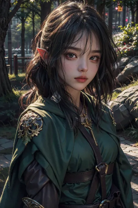 (masterpiece), best quality, ultra high res, slim body, 1girl,long hair, looking at viewer, (elf ranger, green cloth armor with golden details and dark brown leather straps,gorgeous,ornate,cape), dynamic pose, ( background forest, outdoors), photon mapping, radiosity, physically-based rendering, cinematic lighting, intricate, High Detail, Sharp focus, dramatic, photorealistic