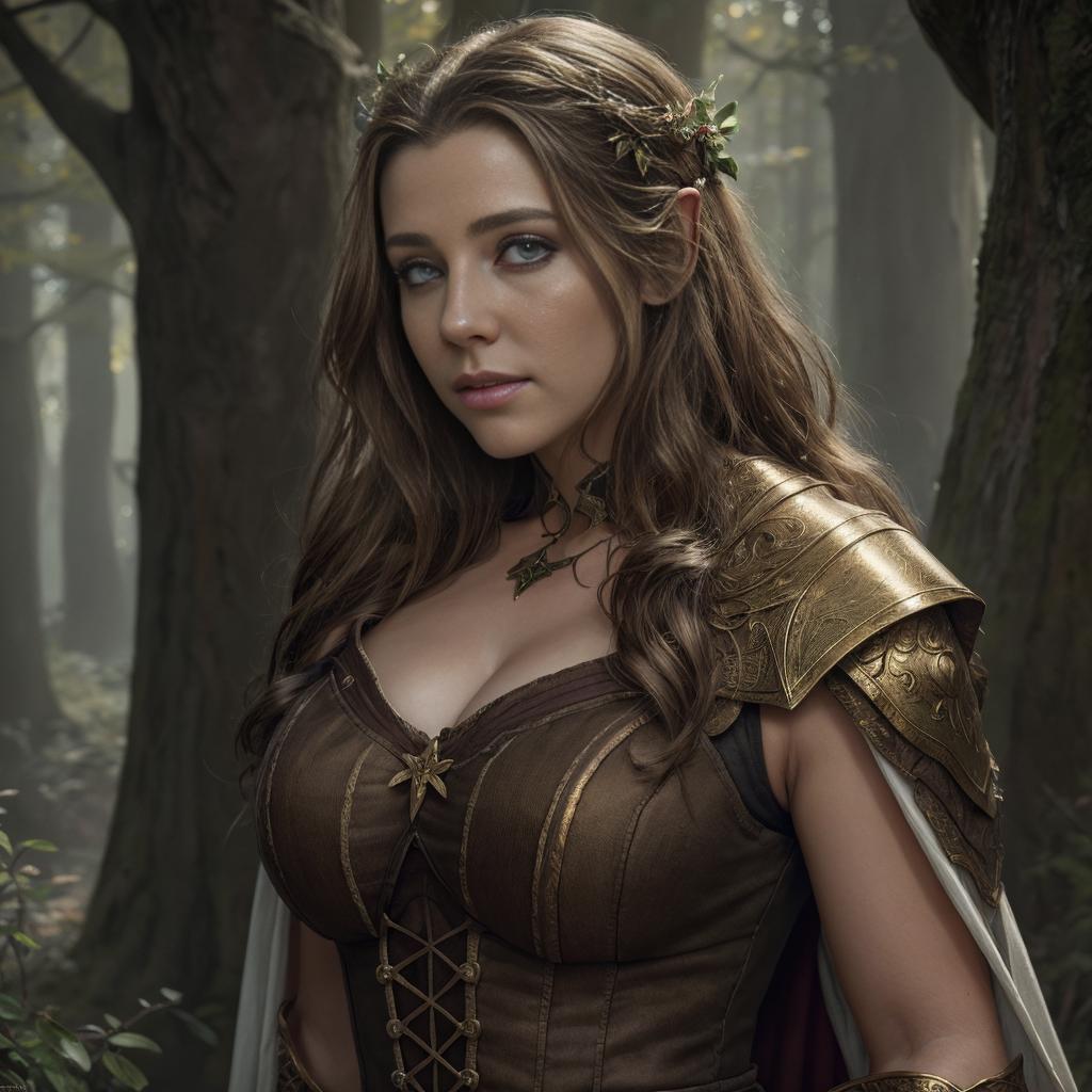 A woman in a brown dress and a crown standing in a forest - SeaArt AI
