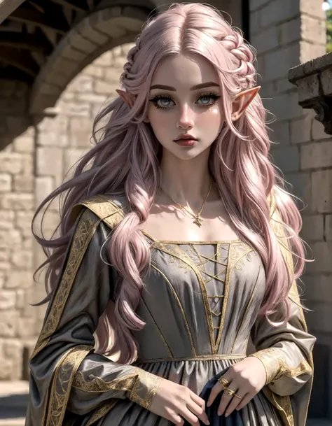 woman, high elf, [light dusty pink hair], long hair, grey eyes, sharp pointed elegant facial features, short small elf ears, wearing a ballgown, medieval dress, long sleeves, elegant, lady, mage, royalty, modest dress, jewelry,
fantasy medieval setting, high fantasy, 
(masterpiece:1.2) (best quality:1.2) (detailed) (intricate) (8k) (HDR) (cinematic lighting) (sharp focus) (full body). 
 <lora:NonHentaiElf_v10:0.6>   <lora:eGirlMakeup-10:0.8> EGirlMakeup,   <lora:sharp_eyes:0.6> sharp_eyes,    <lora:MedievalFashion:0.6> medfa,