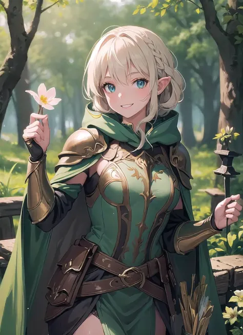 1girl,hood,ranger,armor,gorgeous,ornate,cape,, beautiful,looking at viewer,forest,perfect lighting,flower,smile (masterpiece, high quality:1.2),  <lora:NonHentaiElf_v10:0.9>