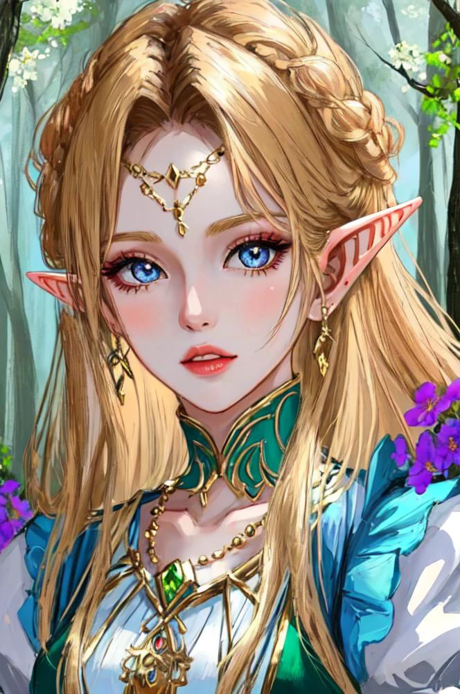 <lora:nonHentaiElf_v10:0.8>, portrait of girl, elf, pointy ears, priestess,fantasy,glistening skin, crystal, jewelry,necklace,flower,eyelashes,collarbone, detailed eyes,shiny lips,looking at viewer,forest, masterpiece, high quality