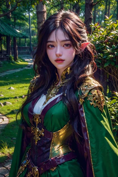 (masterpiece), best quality, ultra high res, slim body, 1girl,long hair, looking at viewer, (elf ranger, green cloth armor with golden details and dark brown leather straps,gorgeous,ornate,cape), dynamic pose, ( background forest, outdoors), photon mapping, radiosity, physically-based rendering, cinematic lighting, intricate, High Detail, Sharp focus, dramatic, photorealistic