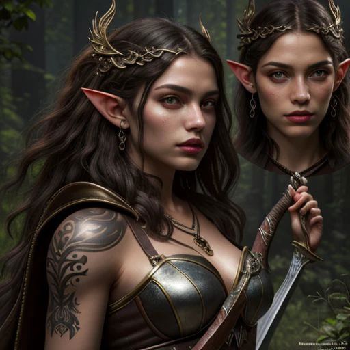 ((masterpiece, best quality, highres, realistic, best quality,)) Perfect Face, (detailed face). elf ears, ((masterpiece: 1.4, perfect face, best quality: 1.2)), ultra highly detailed, detailed eyes, delicate hair details, <lora:GoodHands-vanilla:0.6> <lora:add-detail-xl:0.8>, leather armor, embosed, Toned male, ((masterpiece: 1.4, perfect face, best quality: 1.2)), ultra highly detailed, detailed eyes, delicate hair details, devilish, intricate details, belt accessories, leather hip belt with pouch on right side of hip, leather gloves, saturated dark tones, fantasy aesthetic,(flat saturated colors), fine details, intense,(lineart:1.33), charactersheet, reference sheet, multiple views, elf ears, tribal tattoos on arms, ornate Bow, Black Longbow held by the handle in the right hand, rune symbols, necklace, no facial jewelry, Firing black bow & arrow