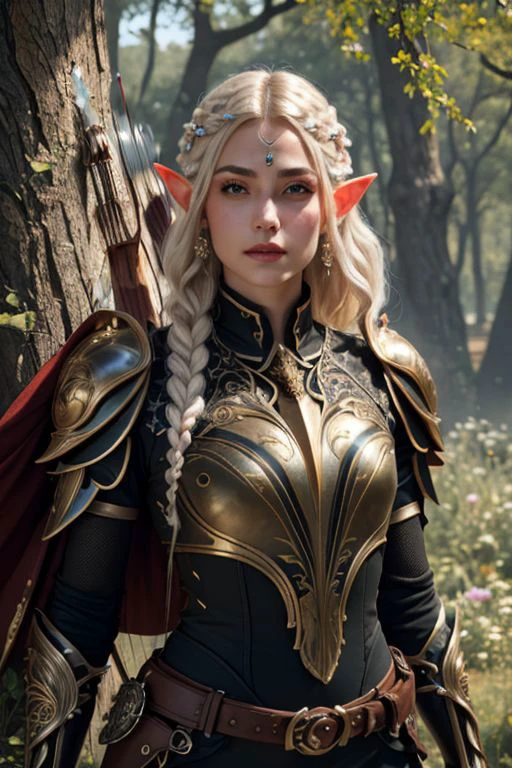 Portrait, (masterpiece, best quality, highres:1.2), (intricate and beautiful:1.2), (detailed light:1.2), (colorful, dynamic angle), <lora:edgLnF:0.6> edgLnF, elf, male elf, archer, shooting arrow, elven armor, armor, clothing cutout, carcaj, bow and arrows, pauldrons, wearing edgLnF, (man:1.4)