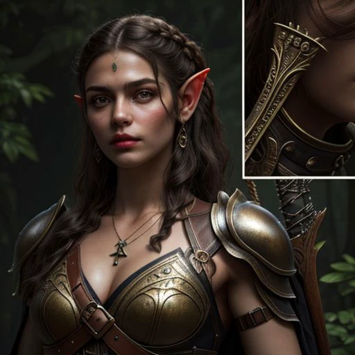 ((masterpiece, best quality, highres, realistic, best quality,)) Perfect Face, (detailed face). elf ears, ((masterpiece: 1.4, perfect face, best quality: 1.2)), ultra highly detailed, detailed eyes, delicate hair details, <lora:GoodHands-vanilla:0.6> <lora:add-detail-xl:0.8>, leather armor, embosed, Toned male, ((masterpiece: 1.4, perfect face, best quality: 1.2)), ultra highly detailed, detailed eyes, delicate hair details, devilish, intricate details, belt accessories, leather hip belt with pouch on right side of hip, leather gloves, saturated dark tones, fantasy aesthetic,(flat saturated colors), fine details, intense,(lineart:1.33), charactersheet, reference sheet, multiple views, elf ears, tribal tattoos on arms, ornate Bow, Black Longbow held by the handle in the right hand, rune symbols, necklace, no facial jewelry, Firing black bow & arrow