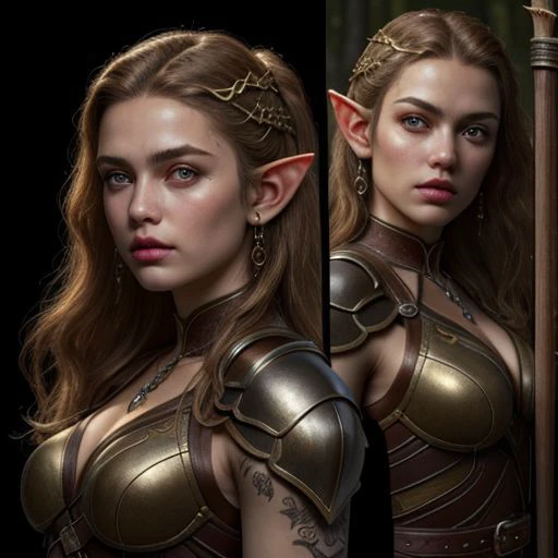 ((masterpiece, best quality, highres, realistic, best quality,)) Perfect Face, (detailed face). elf ears, man, ((masterpiece: 1.4, perfect face, best quality: 1.2)), ultra highly detailed, detailed eyes, delicate hair details, <lora:GoodHands-vanilla:0.6> <lora:add-detail-xl:0.8>, leather armor, embosed, Toned male, ((masterpiece: 1.4, perfect face, best quality: 1.2)), ultra highly detailed, detailed eyes, delicate hair details, devilish, intricate details, belt accessories, leather hip belt with pouch on right side of hip, leather gloves, saturated dark tones, fantasy aesthetic,(flat saturated colors), fine details, intense,(lineart:1.33), charactersheet, reference sheet, multiple views, elf ears, tribal tattoos on arms, ornate Bow, Black Longbow held by the handle in the right hand, rune symbols, necklace, no facial jewelry, Firing black bow & arrow
