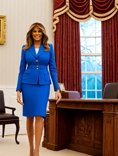 <lora:mlntrmp:0.85>, mlntrmp, melania trump, full body, standing, smiling, masterpiece, 8k, high detail, best quality, cinematic lighting, dslr, photograph, photorealistic, realism, at the white house, oval office