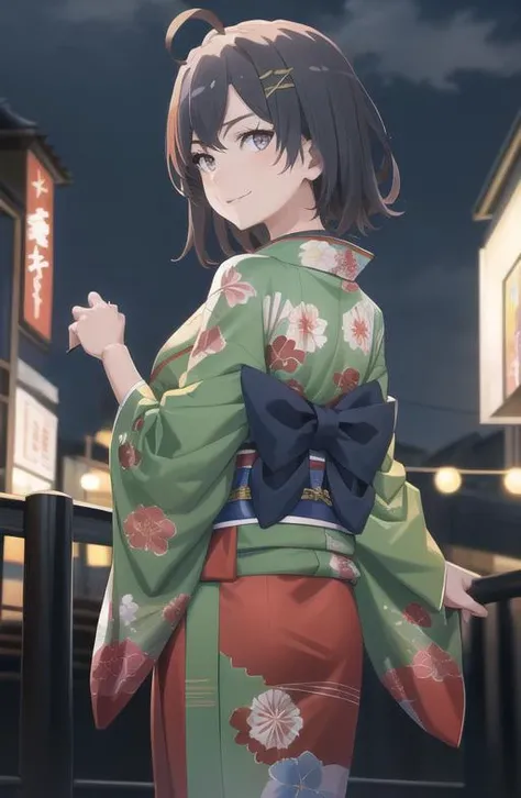 masterpiece, high quality, best quality, high resolution, 4k, high definition, beautiful lighting, highly detailed face, well drawn hands, well drawn legs, well drawn feet, (((well drawn eyes))),1girl, komachi, short hair, long hair, ahoge, grey eyes,x shaped hair ornament, kimono, red colored kimono, patterned kimono, green obi, from side, looking back at the viewer, smiling, red lines, under eyes, candied apple in hand, night back ground, fireworks in air, stall, reflection of fireworks in eyes, standing, <lora:komachi-01:1>