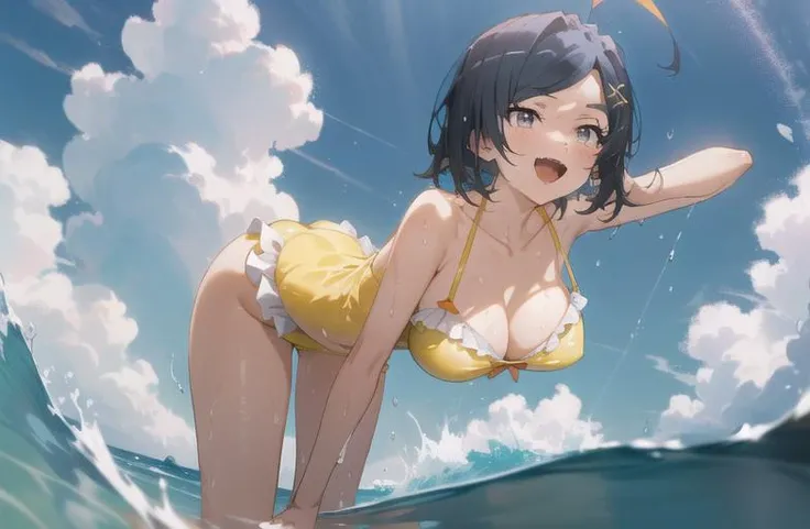 masterpiece, high quality, best quality, high resolution, 4k, high definition, beautiful lighting,highly detailed face, well drawn hands, well drawn legs,well drawn feet,well drawn eyes,1gitl, komachi, short hair, black hair, grey eyes, ahoge,x shaped hair ornament, big breasts, big ass,yellow frilly swimsuit, cleavage, open mouth, teeth fang, red lines under eyes,nip slip, playing in water, yeaba, single teeth fang white laughing,standing, splashing water with hands, water in air,<lora:komachi-01:1>