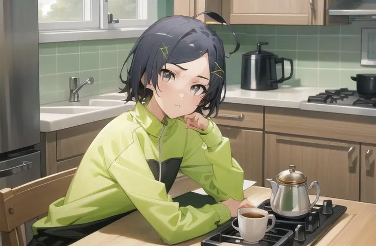 masterpiece, high quality, best quality, high resolution, 4k, high definition, beautiful lighting,highly detailed face, well drawn hands, well drawn legs,well drawn feet,well drawn eyes,1girl, komachi, black hair, short hair, ahoge, x shaped hair ornament, grey eyes, green tracksuit, green chained jersey, lime green sweatpants, holding coffee mug in hand, kitchen sink in the background, coffee kettle on stove,<lora:komachi-01:1>