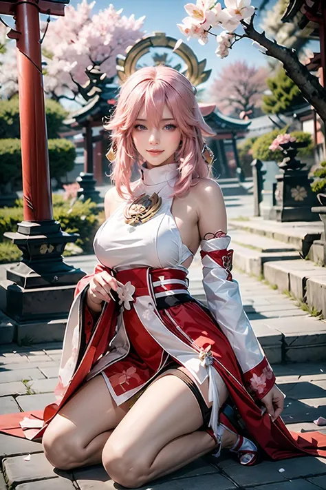 <lora:shenzi_20:0.9>,pink hair,masterpiece,extremely detailed,CG,2k wallpaper,Amazing,finely detail,extremely detailed CG unity 8k wallpaper,huge filesize,ultra-detailed,shenzi,1 girl,cosplay,Yaeko Nogi (Tokyo 7th Sisters),bright smile,confident eyes,(long flowing hair:1.1),traditional shrine maiden outfit,red and white colors,tied-up hair,red ribbon,cherry blossom petals,torii gate background,holding a sacred staff,elegant posture,focused expression,outdoor shrine setting.,