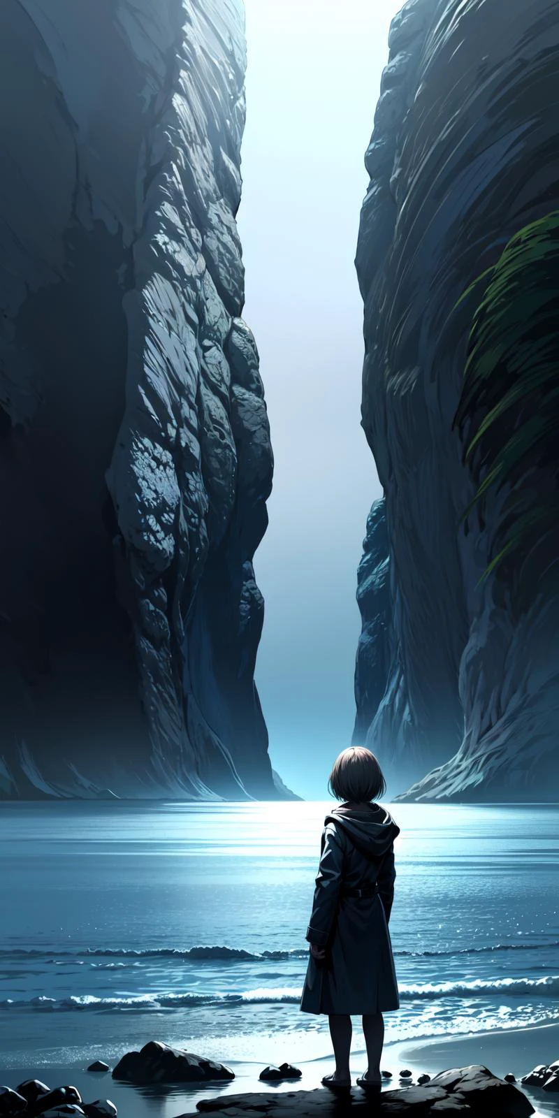 <lora:arikroper.safetensors:0.9>, arikroper art,
solo, 1girl, short hair, water, from behind, standing, ocean, scenery, facing away, wading, outdoors, dark, coat, beach