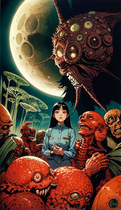 1girl, <lora:junji_ito:0.5>, junji_ito style, <lora:arikroper:0.5>, arikroper art, <lora:hannesbok:0.5>, by Hannes Bok, Aesthetic, hyperdetailed, Sci-Fi, moody, vegetation and Lunar crater in background, Rot, adobe lightroom, Fujifilm XT3, Dreamlike Macho thick Filipino (Female Train conductor:1.2), Bloom light, Pandemonium, professional,