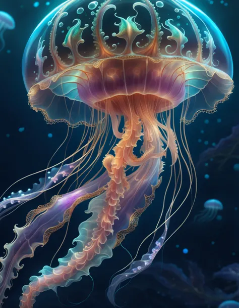 <lora:DTStyle:0.7> DTstyle, A fantasy creature, Jellyfish + Dragon, underwater dragon, hybrid, 8k, beautiful lighting, up close, digital art, intricate details, negative space, iridescent