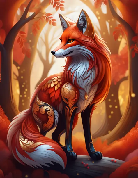 illustration, digital art concept of a fantasy fox|dragon hybrid, red and gold colors, whimsical, fantasy, 8k, intricate details, (fluffy fur:1.2), digital art, fantasy creature,<lora:DTStyle:0.7> DTstyle,