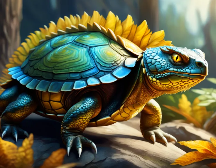 illustration, concept art, high quality, 8k, a large earth dragon hybrid turtle, painted shell, yellow eyes, colored scales, highly detailed up close,<lora:DTStyle:0.8> DTstyle,