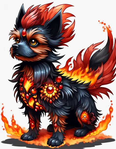 digital art concept of a yorkie fire elemental hybrid, pokemon, black and red colors, whimsical, fantasy, watercolor pencil sketch, 8k, intricate details, scaled fur, jeweled collar, digital art, fantasy dragon,<lora:DTStyle:1> DTstyle,