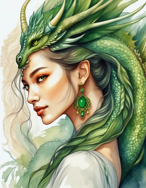 hand drawn sketch illustration of a beautiful dragon humanoid, woman, high ponytail, green eyes, symmetrical dragon horns, illustration, watercolor sketch, (best quality)), intricate detailed, <lora:DTStyle:1> DTstyle,