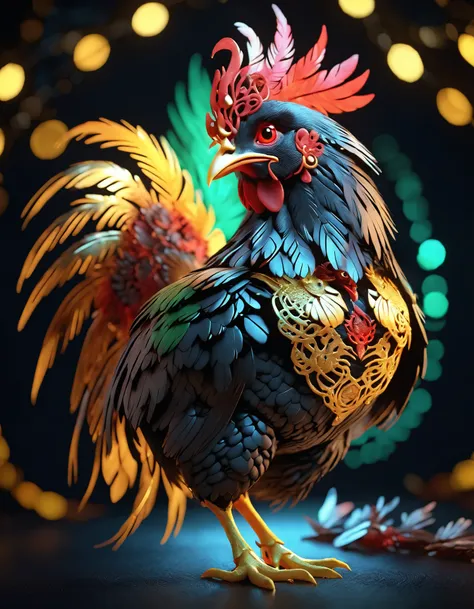 A fantasy creature, Chicken + Dragon, hybrid, 8k, beautiful lighting, up close, digital art, intricate details, negative space, iridescent feathers, bokeh, red and green and gold colors