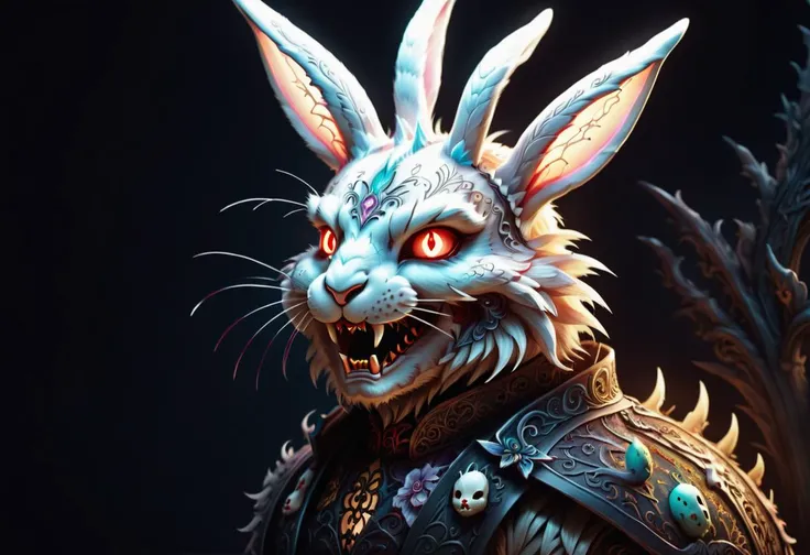 hyper detailed masterpiece, dynamic, awesome quality, DTStyle easter bunny, mythical undead vampiric being, pale deathly complexion, sharp fangs, cursed, malevolent, supernatural powers , <lora:DTStyle:1>