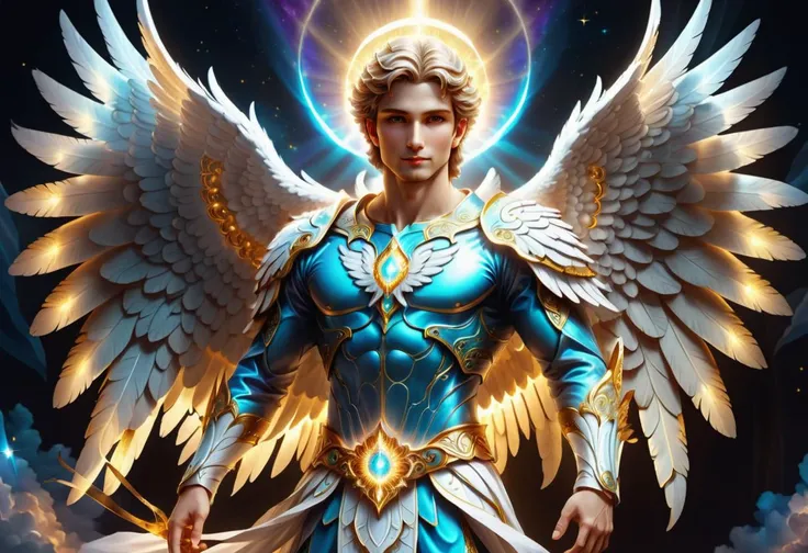 hyper detailed masterpiece, dynamic, awesome quality, DTStyle male angel, radiant aura, heavenly grace, harbingers of good news, guardians of the divine realm, symbolize purity and innocence, emanate ethereal light, fantasy , <lora:DTStyle:1>