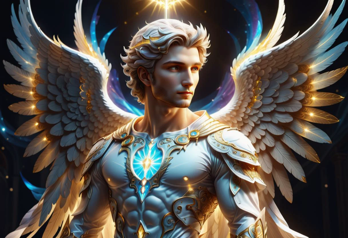 hyper detailed masterpiece, dynamic, awesome quality, DTStyle male angel, radiant aura, heavenly grace, harbingers of good news, guardians of the divine realm, symbolize purity and innocence, emanate ethereal light, fantasy , <lora:DTStyle:1>