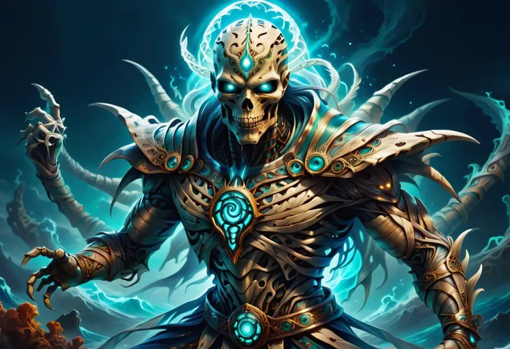 hyper detailed masterpiece, dynamic, awesome quality, DTStyle mummy, supernatural large powerful magical humanoid entity, strong magical, sea, free will, independence, formidable, capricious , <lora:DTStyle:1>