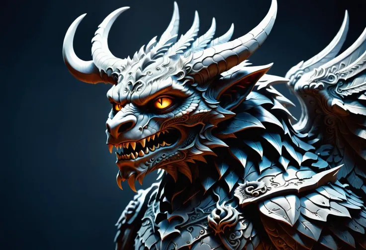 hyper detailed masterpiece, dynamic, awesome quality, DTStyle gargoyle, stone grotesque creature, winged humanoid, gothic, grotesque facial features, fangs, horns, open mouth, stone guardians , <lora:DTStyle:1>
