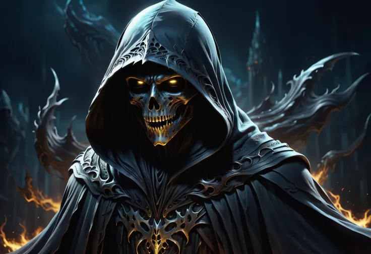 hyper detailed masterpiece, dynamic, awesome quality, DTStyle dementor, dark hooded floating humanoid entity, cloaked in tattered hooded robes, ghostly diffuse lower body, face hidden under hood, no distinct features, drains happiness and positive emotions, cold despair inducing aura, soul sucking kiss, fear, despair, darkest aspects of magic , <lora:DTStyle:1>