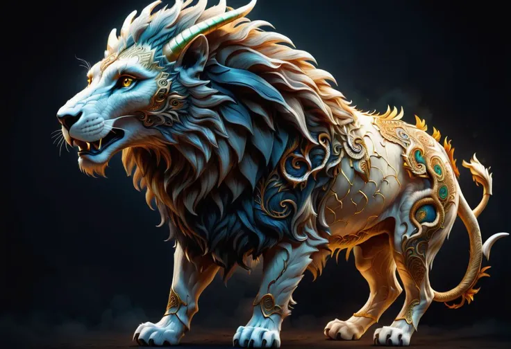 hyper detailed masterpiece, dynamic, awesome quality, DTStyle elf, large mythical creature, composite features, lion body, mane, forelimbs, goat head, hind legs, serpent tail, distinctive, intimidating, ferocious expression, multiple heads, fur covered body, symbol of chaos, mythical hybridization , <lora:DTStyle:1>