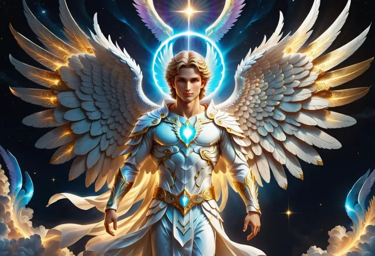hyper detailed masterpiece, dynamic, awesome quality, DTStyle male angel, radiant aura, heavenly grace, harbingers of good news, guardians of the divine realm, symbolize purity and innocence, emanate ethereal light, fantasy , <lora:DTStyle:1>