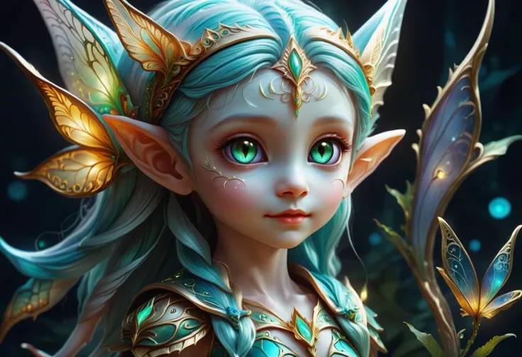 hyper detailed masterpiece, dynamic, awesome quality, DTStyle siren, tiny fairy elf like creature, young child, otherworldly ethereal glow, distinctive captivating eyes, facial features that convey an otherworldly charm, transformation elf like pointed ears, enchanted ethereal clothing, innocent , <lora:DTStyle:1>