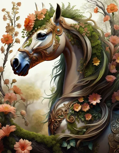 hand drawn art of a beautiful earthen horse dragon hybrid, flowers moss, tree branches, dryad, symmetrical dragon horns, digital art, (best quality)), intricate detailed, <lora:DTStyle:1> DTstyle,