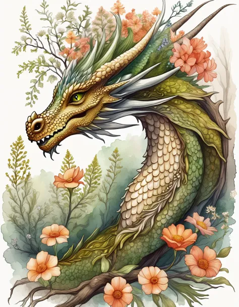 hand drawn sketch illustration of a beautiful dragon earthen dragon, flowers moss, tree branches, dryad, symmetrical dragon horns, illustration, watercolor sketch, (best quality)), intricate detailed, <lora:DTStyle:1> DTstyle,