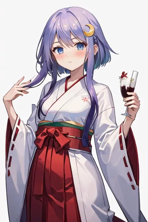 best quality, masterpiece, highres, solo, {white kimono:1.35}, {red hakama:1.35}, {wide sleeves:1.20}, {yayoi_kantaicollection:1.15}, short_hair_with_long_locks, crescent, crescent_hair_ornament, purple_hair, hair_ornament, blue_eyes, blush, serafuku, short_hair, long_hair