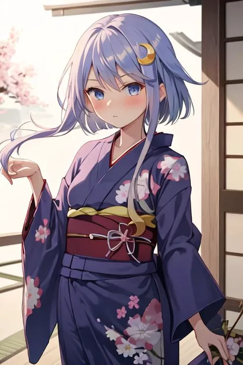 best quality, masterpiece, highres, solo, {yukata:1.40}, {kimono:1.20}, {yayoi_kantaicollection:1.15}, short_hair_with_long_locks, crescent, crescent_hair_ornament, purple_hair, hair_ornament, blue_eyes, blush, serafuku, short_hair, long_hair