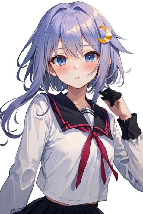 best quality, masterpiece, highres, solo, {yayoi_kantaicollection:1.15}, short_hair_with_long_locks, crescent, crescent_hair_ornament, purple_hair, hair_ornament, blue_eyes, blush, serafuku, short_hair, long_hair, 1girl, school_uniform, simple_background, upper_body, white_background, looking_at_viewer, black_serafuku