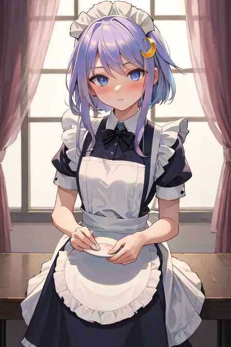 best quality, masterpiece, highres, solo, {maid:1.40}, {long maid dress:1.15}, {yayoi_kantaicollection:1.15}, short_hair_with_long_locks, crescent, crescent_hair_ornament, purple_hair, hair_ornament, blue_eyes, blush, serafuku, short_hair, long_hair