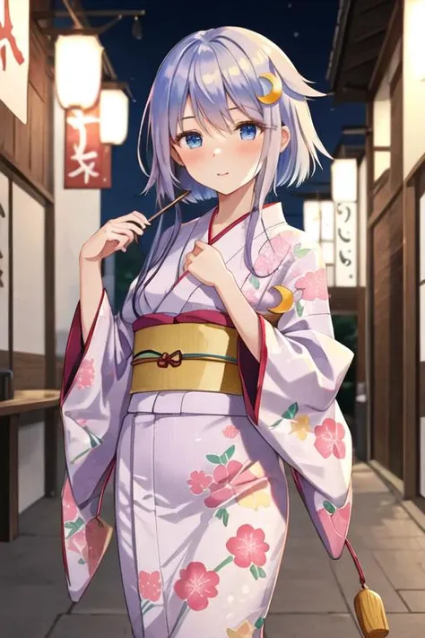 best quality, masterpiece, highres, solo, {yayoi_kantaicollection:1.15}, short_hair_with_long_locks, crescent, crescent_hair_ornament, purple_hair, hair_ornament, blue_eyes, blush, serafuku, short_hair, long_hair, 1girl, alternate_costume, japanese_clothes, kimono, looking_at_viewer, yukata, food