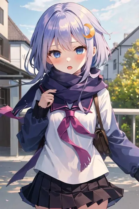 best quality, masterpiece, highres, solo, {yayoi_kantaicollection:1.15}, short_hair_with_long_locks, crescent, crescent_hair_ornament, purple_hair, hair_ornament, blue_eyes, blush, serafuku, short_hair, long_hair, 1girl, long_sleeves, looking_at_viewer, pleated_skirt, school_uniform, skirt, open_mouth, machinery, scarf