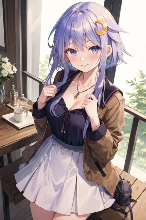 best quality, masterpiece, highres, solo, {yayoi_kantaicollection:1.15}, short_hair_with_long_locks, crescent, crescent_hair_ornament, purple_hair, hair_ornament, blue_eyes, blush, serafuku, short_hair, long_hair, 1girl, alternate_costume, looking_at_viewer, necklace, smile, jacket, jewelry, brown_jacket, dress, hand_on_own_chest, pink_dress, purple_eyes