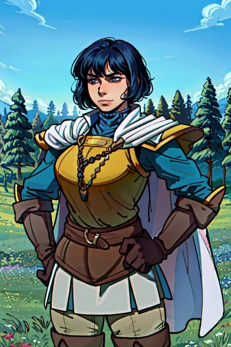 illustration, highres, highest quality, ultra detailed, (detailed face, detailed eyes), best quality, (hyper detailed), masterpiece, (detailed face), HDR, <lora:GoodHands-vanilla:1.2>, (solo character), ((nice hands)), (traditional media), (painting (medium)), (fine art parody), realism, (1girl:1.2), (medieval fantasy:1.3), vibrant colors,
BREAK,
<lora:olwen-nvwls-v2:0.8>, beautiful face, Olwen, short black hair, sharp black eyes, wide hips, medium breasts,
BREAK,
armor, breastplate, white cape, elbow gloves, pleated skirt, white pants, brown boots, metal pauldrons,
BREAK,
slight smile, standing in a beautiful (forest:1.35), hand on hip, (soft natural lighting), daylight, (blue sky:1.3), (clouds), diffused lighting, grassy floor, tall grass, low fog, (detailed background), foliage, (flowers:1.2), plants, vines, moss, <lora:to8contrast-1-5:0.8>,
<lora:lora_ics_a3:0.5>, <lora:KrekkovStyle:0.6>