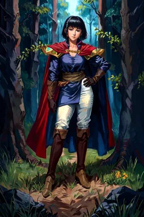 illustration, highres, highest quality, ultra detailed, (detailed face, detailed eyes), best quality, (hyper detailed), masterpiece, (detailed face), HDR, <lora:GoodHands-vanilla:1.2>, (solo character), ((nice hands)), (traditional media), (painting (medium)), (fine art parody), realism, (1girl:1.2), (medieval fantasy:1.3), vibrant colors,
BREAK,
<lora:olwen-nvwls-v2:0.8>, beautiful face, Olwen, short black hair, sharp black eyes, wide hips, medium breasts,
BREAK,
red cape, purple dress, sash, brown gloves, white pants, brown boots, metal pauldrons,
BREAK,
slight smile, standing in a beautiful (forest:1.35), hand on hip, (soft natural lighting), daylight, (blue sky:1.3), (clouds), diffused lighting, grassy floor, tall grass, low fog, (detailed background), foliage, (flowers:1.2), plants, vines, moss, <lora:to8contrast-1-5:0.8>,
<lora:LilCthulhu:0.8>