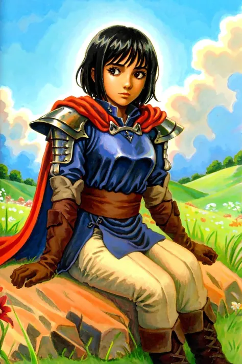 illustration, highres, highest quality, ultra detailed, (detailed face, detailed eyes), best quality, (hyper detailed), masterpiece, (detailed face), HDR, <lora:GoodHands-vanilla:1.2>, (solo character), ((nice hands)), (traditional media), (painting (medium)), (fine art parody), realism, (1girl:1.2), (medieval fantasy:1.3), vibrant colors,
BREAK,
<lora:olwen-nvwls-v2:0.7>, beautiful face, Olwen, short black hair, sharp black eyes, wide hips, medium breasts,
BREAK,
red cape, purple dress, sash, brown gloves, white pants, brown boots, metal pauldrons,
BREAK,
slight smile, sitting on a low wall in a beautiful garden, looking at viewer, (soft natural lighting), daylight, (blue sky:1.3), (clouds), diffused lighting, grassy floor, tall grass, low fog, (detailed background), foliage, (flowers:1.2), plants, vines, moss, <lora:to8contrast-1-5:0.8>
<lora:afrobull:0.55>, <lora:Miura_08v2:0.8>, <lora:nixeuStyleLora_100:0.25>, <lora:TabiStyle:0.45>