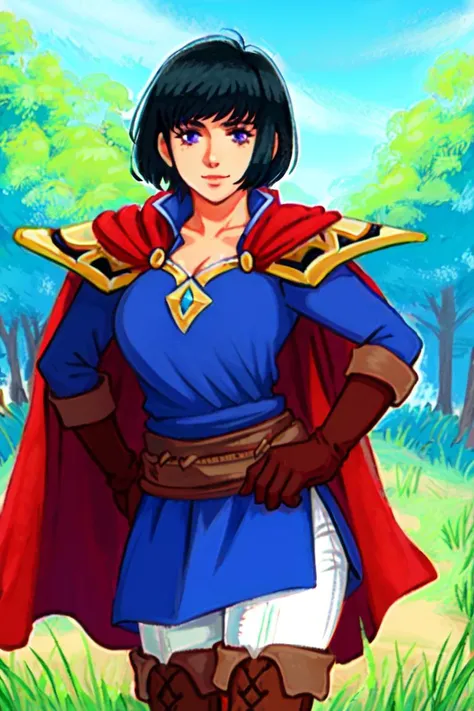 illustration, highres, highest quality, ultra detailed, (detailed face, detailed eyes), best quality, (hyper detailed), masterpiece, (detailed face), HDR, <lora:GoodHands-vanilla:1.2>, (solo character), ((nice hands)), (traditional media), (painting (medium)), (fine art parody), realism, (1girl:1.2), (medieval fantasy:1.3), vibrant colors,
BREAK,
<lora:olwen-nvwls-v2:0.8>, beautiful face, Olwen, short black hair, sharp black eyes, wide hips, medium breasts,
BREAK,
red cape, purple dress, sash, brown gloves, white pants, brown boots, metal pauldrons,
BREAK,
slight smile, standing in a beautiful (forest:1.35), hand on hip, (soft natural lighting), daylight, (blue sky:1.3), (clouds), diffused lighting, grassy floor, tall grass, low fog, (detailed background), foliage, (flowers:1.2), plants, vines, moss, <lora:to8contrast-1-5:0.8>
<lora:afrobull:0.7>, <lora:nixeuStyleLora_100:0.25>, <lora:TabiStyle:0.35>, <lora:jinyu:0.5>, <lora:AV3-torriet:0.35>