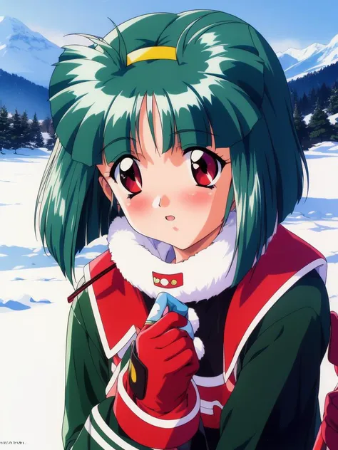 <lora:sakura_kaedeko:0.8>,ãsakurakaedeko, 1girl, solo, gloves, 1990s (style), retro artstyle, short hair, holding, red eyes, green hair, leash, long sleeves, blush, snow mountain,
masterpiece, high quality, very_high_resolution, large_filesize, full color,